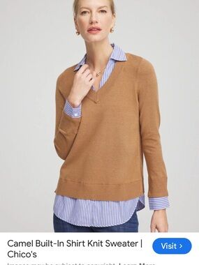 Chicos Striped Button-Up with Camel Ribbed Trim